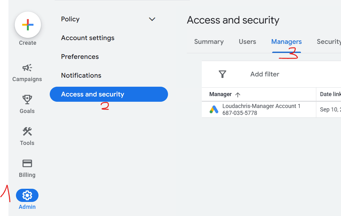 Google Ads: 1 Admin in the left menu, 2 Access and security, 3 the Managers tab, where the Loudachris manager account request appears