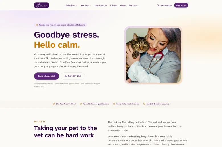 The Calm Pet Vet landing page - Mobile veterinary, Adelaide and Melbourne