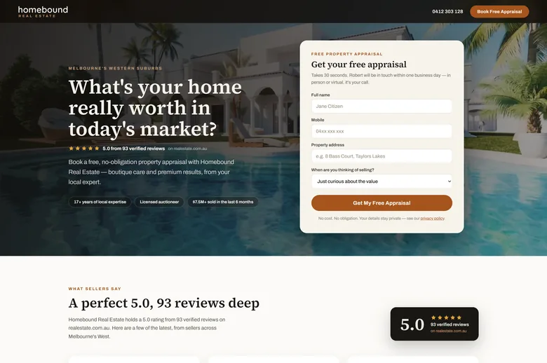 Homebound Real Estate landing page - Real estate, Melbourne's western suburbs