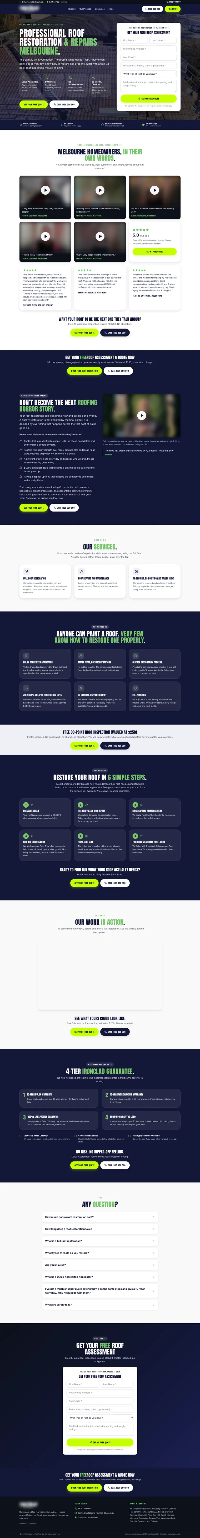 A Melbourne roofing client Google Ads landing page, built by Loudachris, shown unbranded