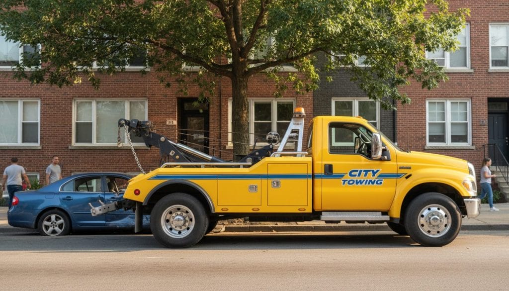 A bright, sunny afternoon scene featuring a tow truck parked on the side of a bustling urban street. In the foreground, the tow truck, painted in vibrant yellow with a clear logo on the door, is positioned slightly angled showcasing its towing equipment. A mid-range camera perspective captures the truck, emphasizing the details of its heavy-duty tires and robust build. In the middle ground, a stranded car with a flat tire sits forlornly under a tree, hinting at a need for assistance. The background features a blurred view of suburban buildings and a few pedestrians in casual clothing, creating a relatable atmosphere. Soft natural lighting enhances the inviting mood of the scene, suggesting reliability and readiness, perfect for those in need of towing services.