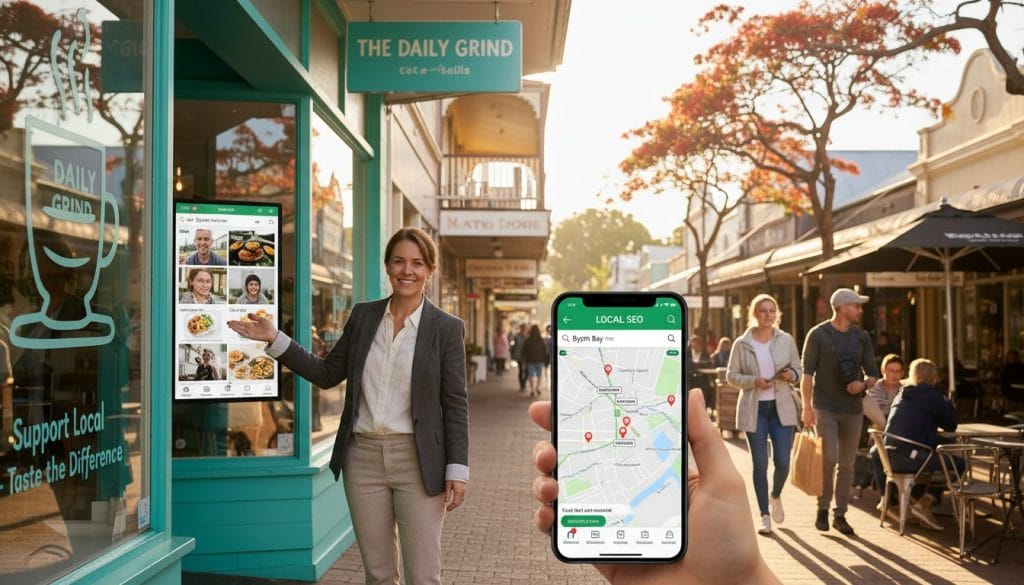A bustling Australian town street showcasing local businesses. In the foreground, a professional-looking business owner in smart casual attire stands next to a bright, eye-catching storefront, highlighting the importance of local marketing. In the middle, a smartphone displays a local map with highlighted search results, representing local SEO. In the background, vibrant Australian flora and unique architecture create a lively atmosphere, with pedestrians walking and exploring. The sun is shining brightly, casting soft shadows and giving a warm, inviting feel. Capture this scene with a shallow depth of field to emphasize local engagement and the connection to the community, evoking a sense of accessibility and approachability.