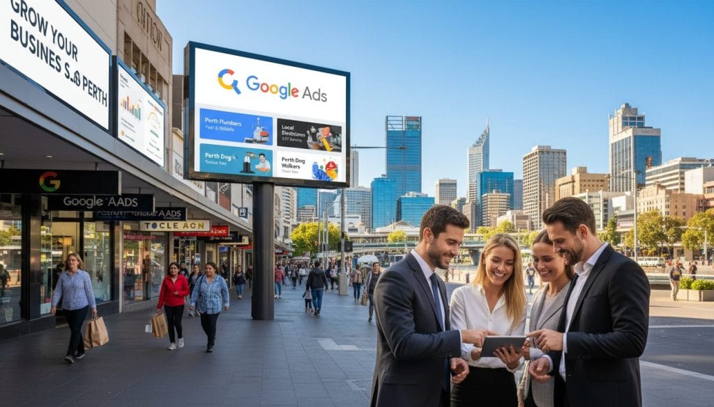 A bustling Perth city scene showcasing digital billboards and vibrant storefronts, emphasizing the importance of Google Ads for local service businesses. In the foreground, a diverse group of professionals in business attire is engaged in discussion over a digital tablet displaying Google Ads data, showcasing collaboration and modern marketing strategies. The middle ground features a beautiful view of Perth’s skyline, with iconic architecture under a bright blue sky. In the background, people are walking along a busy street, symbolizing the vibrant local economy. The lighting is bright and inviting, capturing a sunny, optimistic atmosphere. The entire scene conveys a sense of growth, opportunity, and the digital evolution of advertising in Perth's service industry.