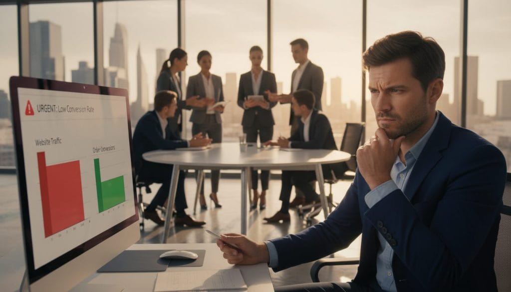 A bustling e-commerce office environment showcasing an online sales dashboard on a computer screen. In the foreground, a focused business professional in smart casual attire analyzes the screen, with a furrowed brow, highlighting the disconnect between high website traffic and low order conversions. In the middle, colleagues engage in animated discussions around a sleek conference table, some taking notes on tablets. The background displays large windows with a city skyline, illuminated by warm afternoon sunlight, casting soft shadows. The mood reflects urgency and concern, emphasizing the pressure of understanding customer behavior. The composition is captured with a shallow depth of field, creating a sense of intimacy and focus on the central professional, while maintaining a bright and professional atmosphere.