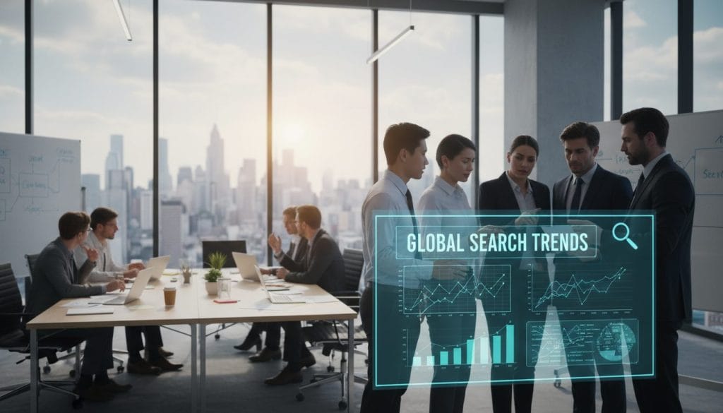 A bustling modern office environment filled with professionals engaged in discussions about search strategies. In the foreground, a diverse group of business people in professional attire analyze data and trends on a large digital screen displaying search engine analytics. The middle ground shows conference tables with laptops and papers, symbolizing collaboration and brainstorming sessions. The background reveals a sleek city skyline through large windows, signifying the ever-evolving landscape of search technologies. Soft, natural lighting filters in, creating a productive atmosphere, while a shallow depth of field emphasizes focus on the group’s interaction. The overall mood is vibrant, innovative, and forward-looking, capturing the essence of the changing dynamics of search in the digital age.