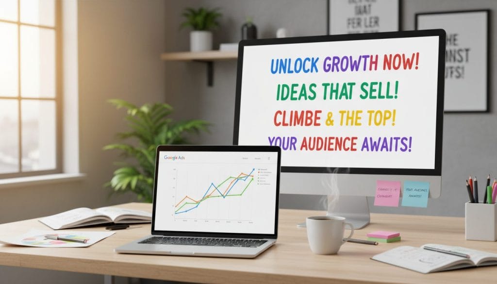 A clean and modern workspace featuring a computer screen displaying various Google Ads headlines in vibrant colors, surrounded by marketing materials like notebooks and pens. In the foreground, a stylish laptop is open, showcasing a colorful graph indicating ad performance metrics, while a cup of coffee sits beside it. The middle layer includes the screen with bold, engaging Google Ads headlines, each creatively formatted for attention. The background features soft-focus office decor with plants and motivational quotes, with warm, natural lighting that creates a productive atmosphere. The angle captures the essence of digital marketing, evoking inspiration and creativity in advertising copy. No text or branding present.