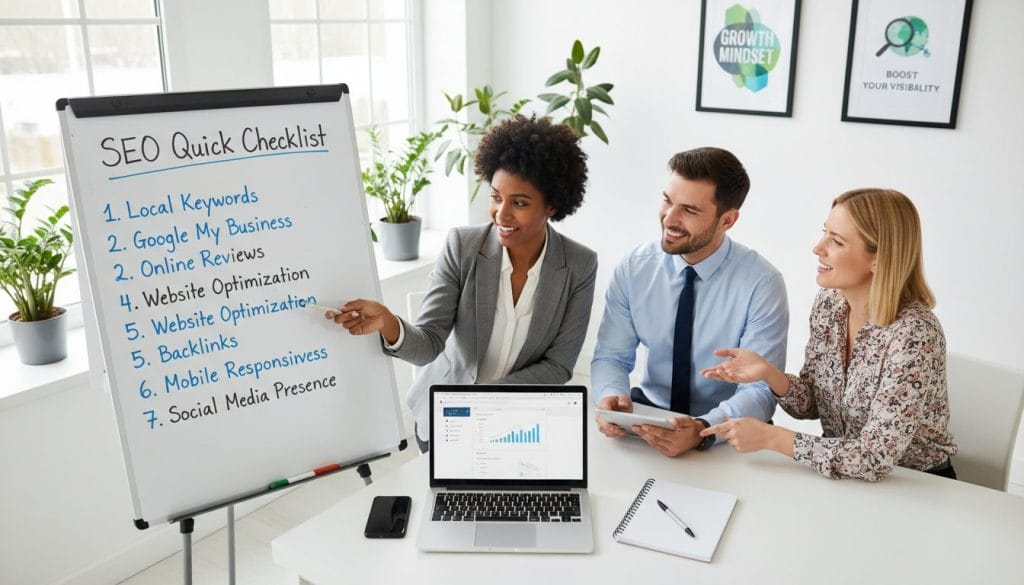 A clean and organized workspace displaying a "SEO Quick Checklist" prominently on a whiteboard in the foreground, with a laptop and digital marketing tools like a smartphone and notepad. In the middle, a diverse team of three professionals in business attire, engaged in a discussion while analyzing the checklist. The background features a bright office with large windows letting in natural light, plants, and motivational posters about growth and visibility. Use a slight overhead angle to capture the interaction and checklist detail clearly, creating an informative, collaborative atmosphere that highlights the importance of SEO for local visibility.