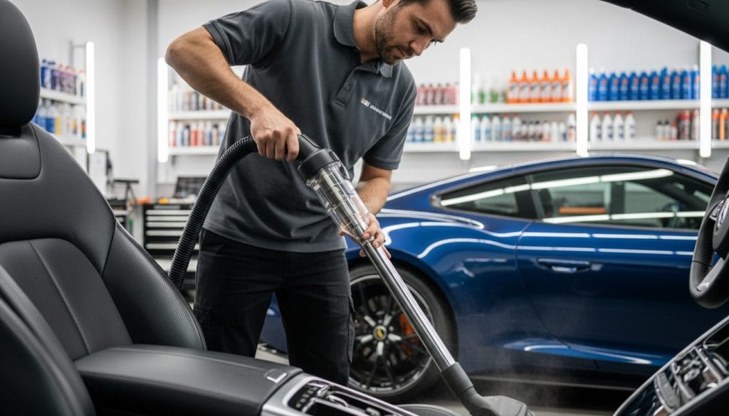 A close-up of a professional car detailer in a clean, well-lit garage, wearing a neat uniform and working diligently on a car's interior. The detailer is focused, using a high-quality vacuum cleaner to remove dust from the leather seats, while colorful detailing products are arranged neatly on the shelves in the background. Soft, ambient lighting highlights the sheen of the freshly cleaned surfaces, creating a warm and inviting atmosphere. The background includes a polished car shining under spotlights, emphasizing the quality of work. A shallow depth of field adds focus to the detailer and the interior, while the background fades softly, creating an intimate, professional scene that exemplifies superb car detailing. The overall mood conveys meticulous care and dedication to customer satisfaction.