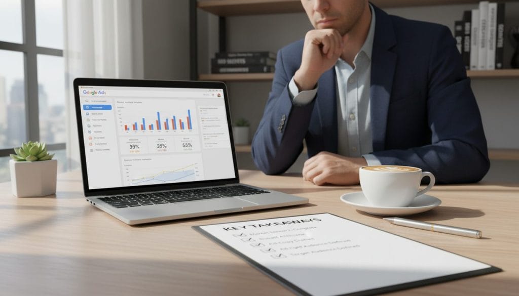 A close-up view of a modern workspace showcasing a laptop with a vibrant Google Ads dashboard on the screen. In the foreground, a checklist with clearly marked items titled "Key Takeaways" lies on an elegant wooden desk, alongside a cup of coffee and a sleek pen. The middle ground features a thoughtful individual, dressed in professional business attire, leaning slightly forward with a pensive expression, reviewing the checklist. Soft, natural light filters in through a nearby window, casting gentle shadows and creating a warm atmosphere. In the background, a blurred shelf filled with marketing books and a small potted plant adds depth and context, contributing to a focused yet inspiring mood that emphasizes preparation and attention to detail before launching a campaign.