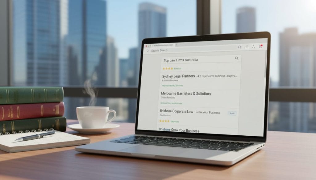A computer screen displaying a bright, modern search engine results page in a professional office setting. In the foreground, a stylish laptop with a detailed view of search results prominently featuring law firms in Australia, showing snippets, ratings, and enticing titles. The middle layer includes a desk with legal books, a notepad, and a coffee cup, conveying a productive atmosphere. In the background, a window reveals a sunny cityscape, enhancing the light and airy ambiance. The lighting is bright and natural, giving a sense of clarity and focus, with a slight depth of field to emphasize the laptop. The mood is professional and optimistic, illustrating the connection between search results and increased client inquiries. A computer screen displaying a bright, modern search engine results page in a professional office setting. In the foreground, a stylish laptop with a detailed view of search results prominently featuring law firms in Australia, showing snippets, ratings, and enticing titles. The middle layer includes a desk with legal books, a notepad, and a coffee cup, conveying a productive atmosphere. In the background, a window reveals a sunny cityscape, enhancing the light and airy ambiance. The lighting is bright and natural, giving a sense of clarity and focus, with a slight depth of field to emphasize the laptop. The mood is professional and optimistic, illustrating the connection between search results and increased client inquiries.