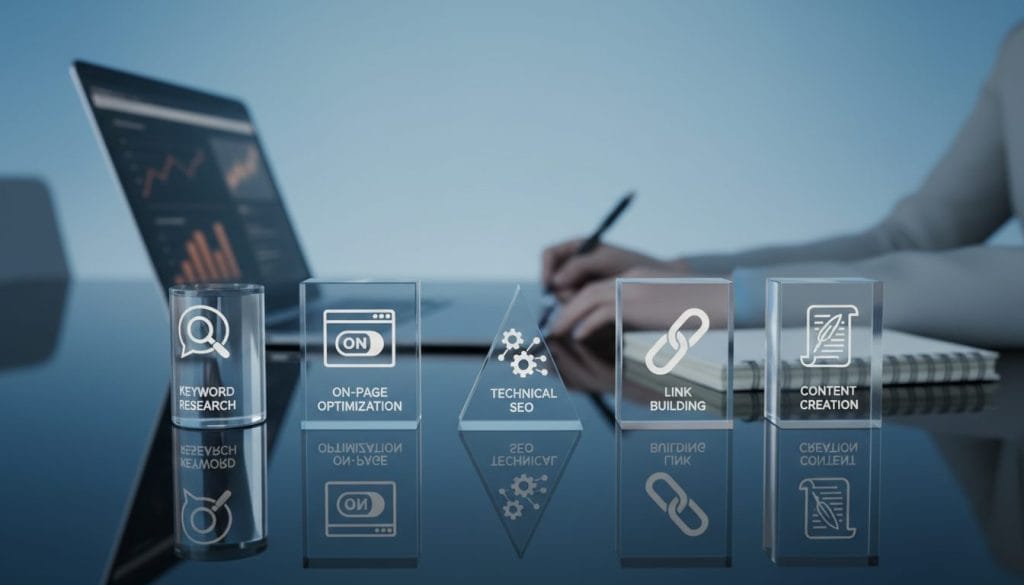 A conceptual illustration of SEO pillars, featuring five distinct pillars representing key aspects of SEO: keyword research, on-page optimization, technical SEO, link building, and content creation. The foreground showcases these pillars in a sleek, modern style, with symbols or icons that visually represent each pillar's function. In the middle ground, a blurred office setting enhances the professional atmosphere, with elements like a laptop and notepad subtly hinted at. The background should feature a soft gradient, transitioning from light to dark blues, suggesting depth and sophistication. Soft, diffused lighting casts gentle shadows, creating a calm and focused mood, suitable for a professional discussion on SEO strategies. No text or markings present in the image.