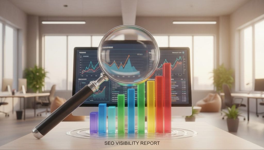A conceptual image representing "search visibility" in the realm of SEO reporting. In the foreground, a magnifying glass hovering above a vibrant, detailed 3D bar graph, displaying varying heights and colors representing different SEO metrics. The middle ground features a blurred computer screen with analytics dashboards showcasing fluctuating line charts and keyword rankings, subtly hinting at the data-driven nature of SEO. The background consists of an open office space with soft, natural lighting filtering through large windows, creating a warm and inviting atmosphere. The overall mood conveys professionalism and clarity, emphasizing the importance of SEO reports in adapting to changing algorithms.