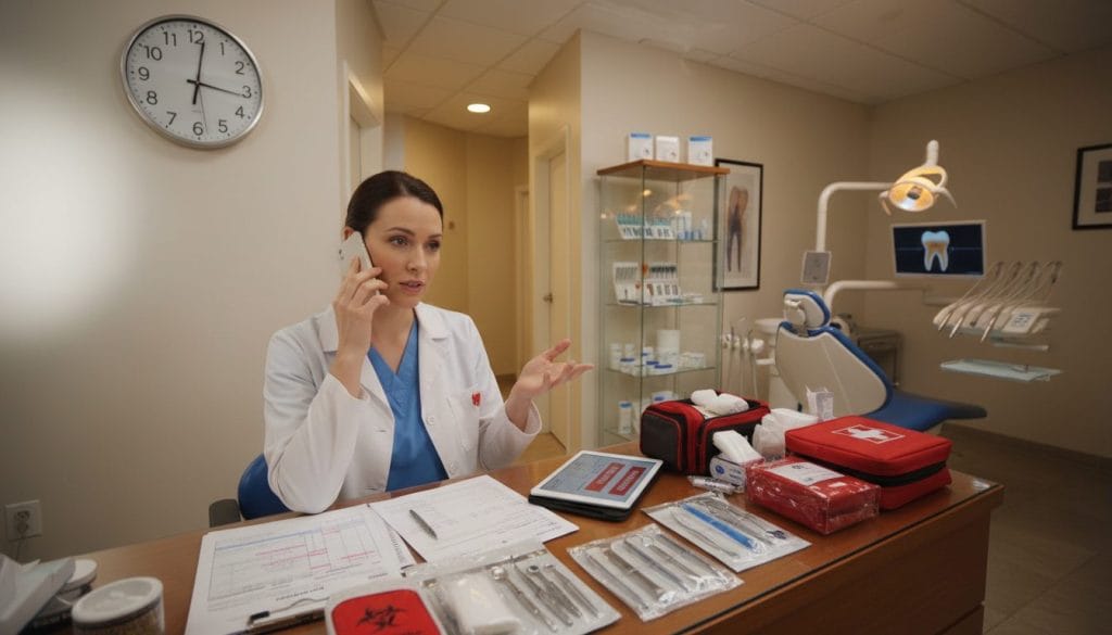 A dental office in a state of readiness for emergencies, featuring a reception area with bright, welcoming lights and a large clock showing late hours. In the foreground, a friendly dentist in professional attire is on the phone, discussing an urgent dental issue, conveying a sense of urgency and approachability. In the middle ground, there are dental tools and emergency kits organized neatly on the counter, with patient information forms visible. The background reveals a modern dental treatment room, with a dental chair and equipment prepared for immediate use. The overall mood is attentive and reassuring, emphasizing professionalism and readiness to assist emergency dental patients. Soft lighting enhances a sense of security, while an engaging and dynamic angle focuses on both the dentist and the meticulously organized reception area.