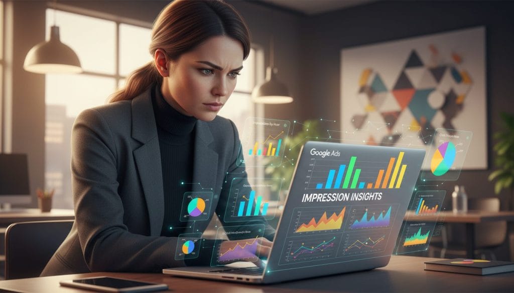 A detailed and engaging illustration of Google Ads impressions insights. In the foreground, a professional businesswoman dressed in sleek attire is analyzing colorful graphs and metrics on a laptop screen, with her focused expression reflecting determination. The middle layer shows dynamic visual representations of data, such as bar graphs and pie charts in vibrant colors, depicting ad performance trends and metrics illuminated by soft, diffused lighting. The background features an abstract office space with modern decor, subtly emphasizing a tech-savvy environment. The atmosphere is one of productivity and insight, with warm tones contributing to a sense of professionalism and clarity. The angle is slightly above the laptop, capturing both the woman’s interaction with the data and the intricate details of the ad insights displayed on her screen.