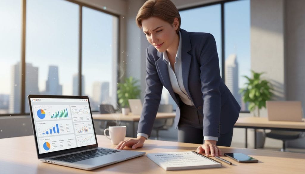 A detailed and vibrant illustration of a digital workspace focused on Google Ads management. In the foreground, a sleek laptop displays a colorful Google Ads dashboard with analytics charts and campaign metrics. Sitting next to the laptop is a notepad with a checklist titled "Google Ads Checklist," featuring ticking boxes. In the middle ground, a professional wearing business attire is analyzing the dashboard, looking thoughtfully at the screen, surrounded by a few office items like coffee cups and a smartphone. The background showcases a modern office environment with large windows letting in natural light, creating a bright and productive atmosphere. The overall mood is focused and optimistic, reflecting the intention of effective budget management and strategic planning before launching an advertising campaign.