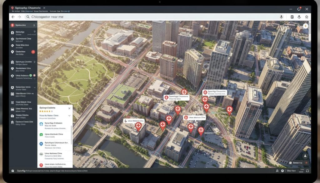A detailed overhead view of a Google Maps interface featuring a busy urban landscape. In the foreground, a computer screen displaying the Google Maps app with highlighted local chiropractors marked with pins. In the middle, various streets and landmarks are clearly visible, displaying residential and commercial areas bustling with activity. The background features tall buildings and green spaces, indicating a dynamic neighborhood. Soft daylight filters through, casting natural shadows and creating a warm atmosphere. The scene should evoke a sense of exploration and local connection, emphasizing the importance of search and location in everyday life. No people are present, focusing solely on the interactive map.