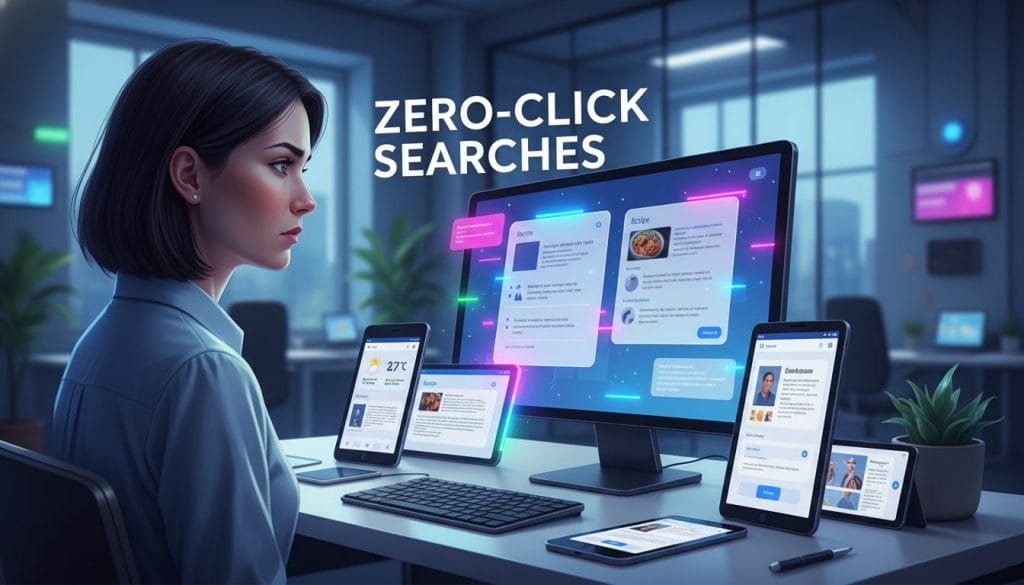 A digital illustration depicting the concept of "zero-click searches" in a contemporary office setting. In the foreground, a professional looking at a computer screen displaying rich snippets and AI-generated answers, with a puzzled expression. In the middle ground, an array of devices such as smartphones and tablets showing various search results without links. The background features a modern office environment with soft, diffused lighting that evokes a sense of inquiry and innovation. The color palette should lean towards cool tones with pops of vibrant color to represent digital information. Use a shallow depth of field to emphasize the human figure and the glowing screens, creating an atmosphere of contemplation on the evolving landscape of SEO in the age of AI.