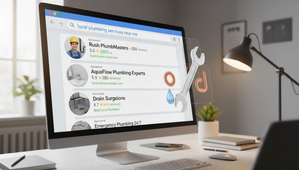 A digital illustration of a computer screen displaying a vibrant Google search results page. In the foreground, a stylized browser window shows a list of local plumbing services ranked by relevance, with star ratings and eye-catching thumbnails of plumbing work. In the middle ground, subtle illustrations of plumbing tools and elements like a wrench and pipe can be seen, hinting at the service offerings. The background features a blurred office setting with soft, warm lighting to create a professional atmosphere. The composition emphasizes clarity and organization, symbolizing how Google organizes local search results. The angle is slightly tilted, giving depth to the scene while maintaining focus on the search results, evoking a sense of urgency and professionalism in lead generation.