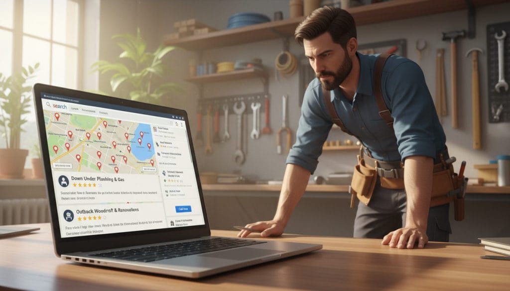 A digital illustration of local search results on a laptop screen, placed on a wooden desk in a well-lit Australian trade business office. In the foreground, vivid details of a user interface showcasing a typical local search result page: a map with markers for local trade businesses, reviews, and contact information. In the middle ground, a professional tradesperson in business attire, a carpenter or plumber, intently analyzing the search results on the screen. The background features shelves stocked with tools and materials, natural light streaming in through a window, creating a focused yet approachable atmosphere. The colors are warm and inviting, emphasizing a sense of trust and professionalism in the local search landscape.