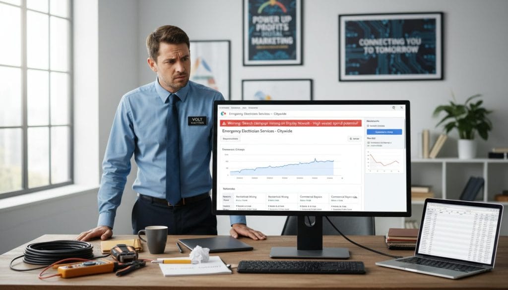 A digital workspace depicting a computer screen displaying a Google Ads interface with active search ads erroneously running on the Display Network. In the foreground, a professional-looking electrician in business attire studies the screen with a look of concern, highlighting the human element of the scenario. The middle ground features a cluttered desk with tools, a notepad, and a cup of coffee, emphasizing a busy work environment. The background is softly blurred, showing an office space with motivational posters related to marketing and technology. The lighting is bright and clear, simulating a productive daytime atmosphere, using a wide-angle lens to capture the entire scene effectively. The overall mood is focused yet slightly anxious, conveying the challenges faced by electricians in digital advertising. A digital workspace depicting a computer screen displaying a Google Ads interface with active search ads erroneously running on the Display Network. In the foreground, a professional-looking electrician in business attire studies the screen with a look of concern, highlighting the human element of the scenario. The middle ground features a cluttered desk with tools, a notepad, and a cup of coffee, emphasizing a busy work environment. The background is softly blurred, showing an office space with motivational posters related to marketing and technology. The lighting is bright and clear, simulating a productive daytime atmosphere, using a wide-angle lens to capture the entire scene effectively. The overall mood is focused yet slightly anxious, conveying the challenges faced by electricians in digital advertising.