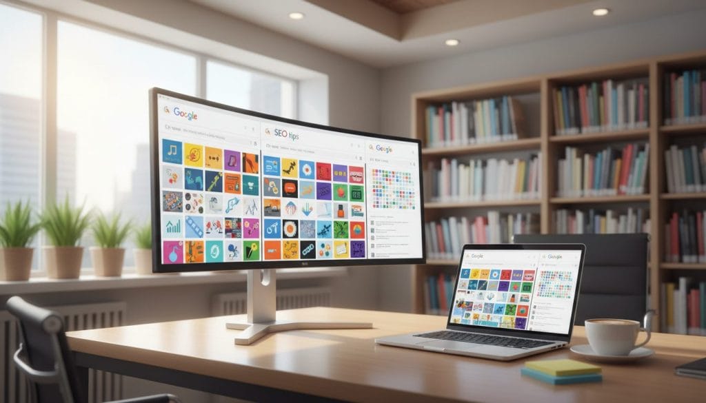 A digital workspace featuring multiple Google search pages displayed on a sleek, modern computer monitor. In the foreground, a well-organized desk with a laptop, sticky notes, and a coffee cup, conveying an atmosphere of productivity. The middle layer includes three vibrant Google search results for SEO tips, with visually appealing thumbnails and relevant images, all without text. The background showcases a softly lit office, with a large window letting in natural sunlight, plants, and a bookshelf filled with SEO books. The overall mood is professional and vibrant, evoking a sense of urgency and motivation for website improvements. The lighting is bright yet warm, emphasizing a clean and inviting environment.