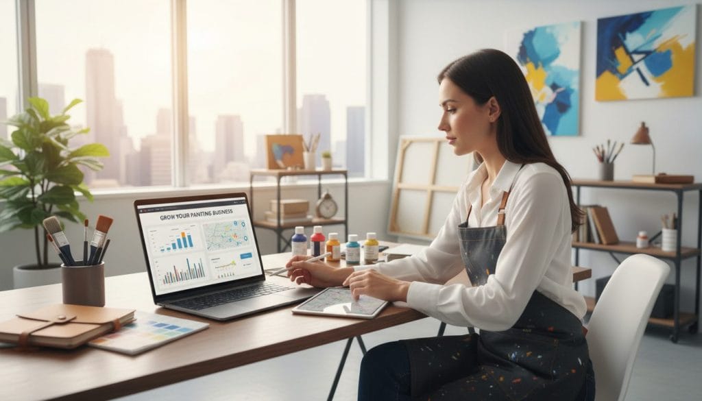 A digital workspace scene illustrating "lead generation" for painters, showcasing a modern office environment. In the foreground, a confident, professionally dressed painter is reviewing an engaging presentation on a laptop, with metrics and charts displayed. In the middle ground, various tools of the painting trade are organized neatly, including brushes and color swatches. The background features a bright, well-lit office with abstract art on the walls, symbolizing creativity and inspiration. Soft, natural lighting flows in through a large window, creating a warm and inviting atmosphere. A dynamic compositional angle emphasizes the interaction between the painter and their digital devices, evoking a sense of productivity and innovation.