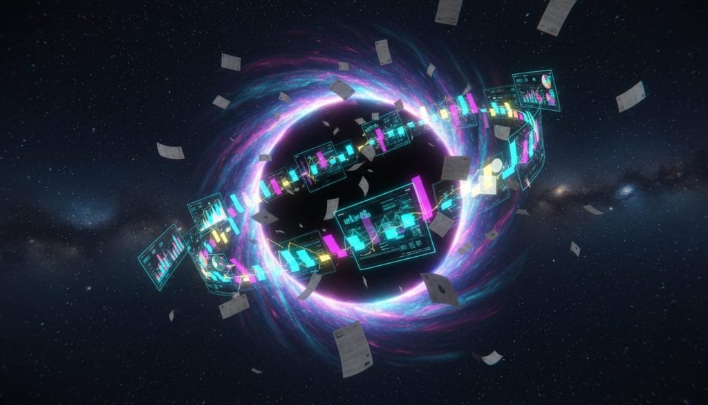 A dramatic visual representation of "black hole invoice visibility," showcasing a swirling black hole in the foreground, with invoices and digital marketing analytics being drawn into its depths. The swirling energy emits an otherworldly glow, casting eerie shadows. In the middle, stylized graphs and charts are partially visible, morphing into spirals as they approach the black hole, symbolizing the confusion of hidden costs. The background features a starry sky, creating a vast, infinite space that conveys the weight of lost budget. Soft, ambient lighting highlights the edges of the black hole, adding a sense of depth and intrigue. The mood is tense but captivating, inviting viewers to contemplate the complexities of financial transparency in digital marketing.