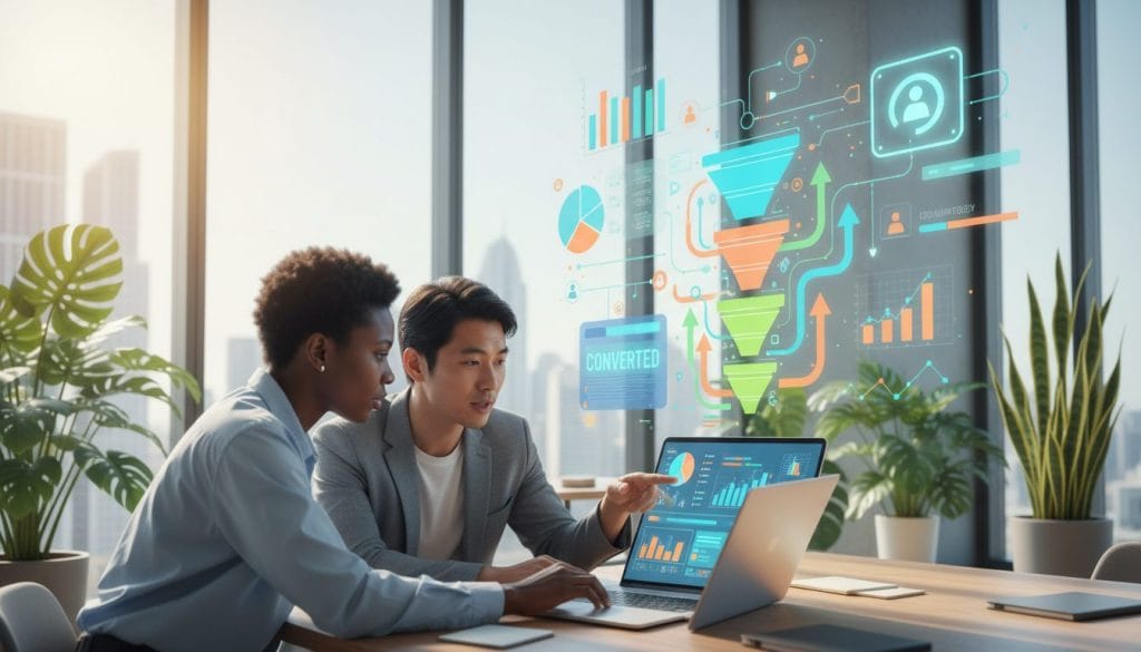 A dynamic composition illustrating the concept of conversion optimization. In the foreground, a diverse group of three professionals in business attire, representing different ethnicities, collaboratively examining a vibrant, interactive digital dashboard on a sleek laptop. In the middle ground, various growth graphs and user metrics artistically blend into a flowchart depicting a successful conversion funnel. The background features a modern office space with large windows allowing natural light to flood the room, casting soft shadows. The atmosphere is focused and energetic, highlighting the importance of data-driven decisions, with subtle hints of greenery from potted plants, creating a balanced, motivational environment. Use bright, inviting colors to enhance a sense of productivity and teamwork.