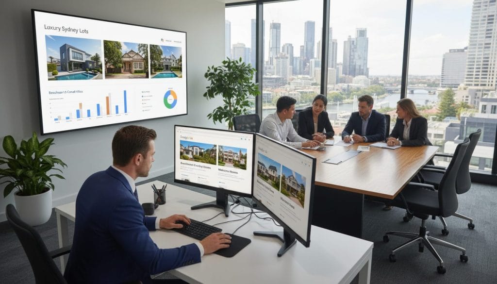A dynamic real estate office environment showcasing multiple computer screens displaying vibrant Google Ads for properties in Australia. In the foreground, a focused real estate agent in professional attire, analyzing the ads, with a diverse team of agents collaborating around a large table. The middle ground features a large digital display highlighting successful ad metrics and images of appealing Australian homes. In the background, a bright window offers a view of a bustling cityscape, capturing the essence of real estate in Australia. Soft, natural lighting spills in, creating an energetic yet professional atmosphere. The angle is slightly elevated, promoting a sense of depth and engagement in the workspace.