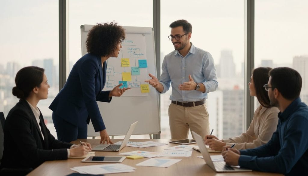A dynamic team of diverse professionals gathered in a modern office space, showcasing collaboration and teamwork. In the foreground, two individuals—a woman with curly hair in a business suit and a man with glasses in a smart casual outfit—are engaged in a lively discussion, gestures emphasizing their points. In the middle, a whiteboard filled with colorful diagrams and notes is visible, along with laptops and document files showcasing a creative brainstorming session. In the background, soft natural light streams through large windows, adding warmth and openness to the atmosphere. The scene conveys a sense of focus and excitement, emphasizing the importance of each team member’s role. The image should reflect a professional and inviting workplace, with a depth of field that adds visual interest.