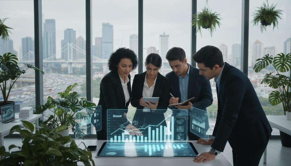 A dynamic workspace scene illustrating agility in business, featuring a diverse group of professionals in business attire collaborating over a digital tablet. In the foreground, a middle-aged woman points at the screen, showcasing data trends, while a young man takes notes. In the middle, a sleek modern office filled with greenery and innovative gadgets, reflecting a tech-savvy environment. The background shows large windows with a view of a bustling city, symbolizing competition and opportunity. Soft, natural lighting pours in, casting gentle shadows that evoke a sense of teamwork and creativity. The overall mood is energetic and forward-thinking, capturing the essence of small businesses leveraging agility to thrive.