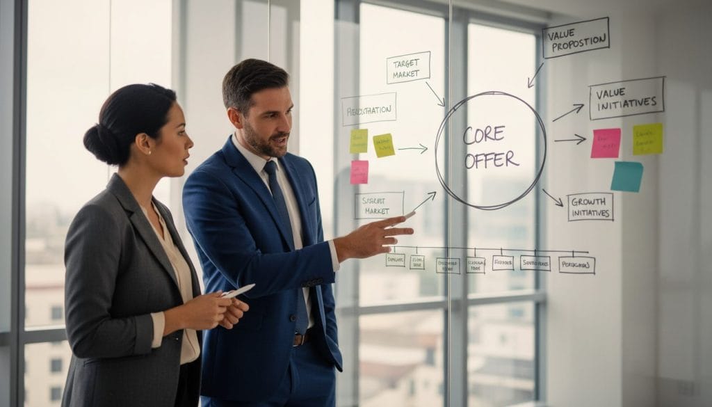 A focused digital workspace depicting a sleek, modern office setting with a large whiteboard in the background, filled with colorful notes and diagrams that represent a core business strategy. In the foreground, a diverse group of two professionals, a man and a woman, both dressed in professional business attire, are engaged in a lively discussion. The man points towards a prominent structure drawn on the whiteboard labeled "Core Offer." Soft natural light streams through large windows, casting gentle shadows. The atmosphere is dynamic, showcasing a sense of clarity and purpose. The camera angle is slightly elevated, providing a clear view of the whiteboard while capturing the expressive faces of the professionals.