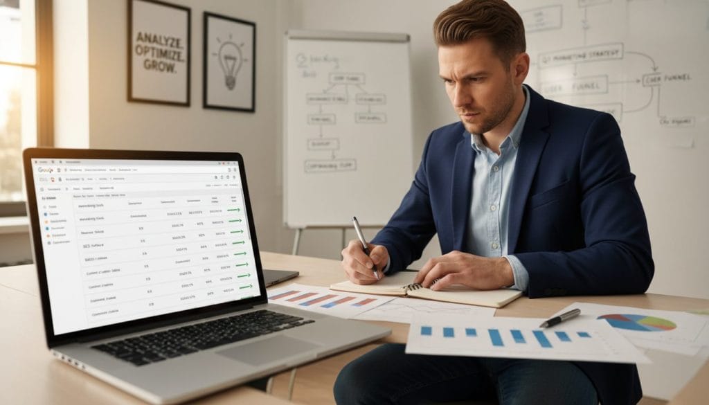 A focused, dynamic workspace with a professional individual analyzing data on a laptop, surrounded by charts and graphs. In the foreground, close-up on the laptop screen displaying Google Ads interface with keyword data and search intent metrics. The middle ground features the person, dressed in smart casual attire, sitting at a modern desk, deep in thought and jotting notes on a notepad. The background shows a softly lit office environment with motivational posters and a whiteboard filled with marketing strategies. The lighting is warm, creating an inspiring atmosphere that emphasizes concentration and determination. Capture the scene from a slightly elevated angle, highlighting the interaction between the individual and the digital data, embodying the essence of understanding search intent for effective copywriting.