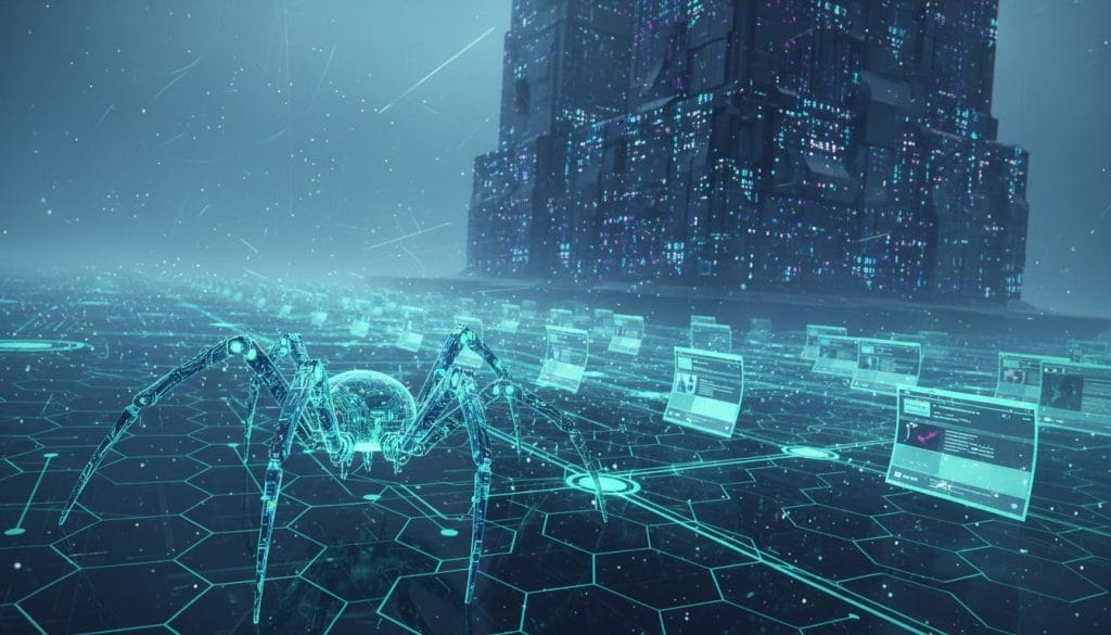 A futuristic digital landscape depicting a search engine crawling and indexing websites. In the foreground, a stylized, semi-transparent robotic spider representing the crawler, intricately designed with circuit patterns, traverses a vibrant network of interconnected data nodes. The middle ground features a series of glowing web pages and links, symbolizing the vast ocean of information online, each page subtly illuminated to emphasize their importance. In the background, a darkened, abstract representation of a data center dominates, with flickering lights symbolizing ongoing processing. The atmosphere is dynamic and slightly mysterious, conveying the complex and unseen processes of search engine optimization. The scene is illuminated with cool blue and green hues, creating a tech-driven mood. The perspective is slightly angled upwards, enhancing the sense of scale and depth. A futuristic digital landscape depicting a search engine crawling and indexing websites. In the foreground, a stylized, semi-transparent robotic spider representing the crawler, intricately designed with circuit patterns, traverses a vibrant network of interconnected data nodes. The middle ground features a series of glowing web pages and links, symbolizing the vast ocean of information online, each page subtly illuminated to emphasize their importance. In the background, a darkened, abstract representation of a data center dominates, with flickering lights symbolizing ongoing processing. The atmosphere is dynamic and slightly mysterious, conveying the complex and unseen processes of search engine optimization. The scene is illuminated with cool blue and green hues, creating a tech-driven mood. The perspective is slightly angled upwards, enhancing the sense of scale and depth.