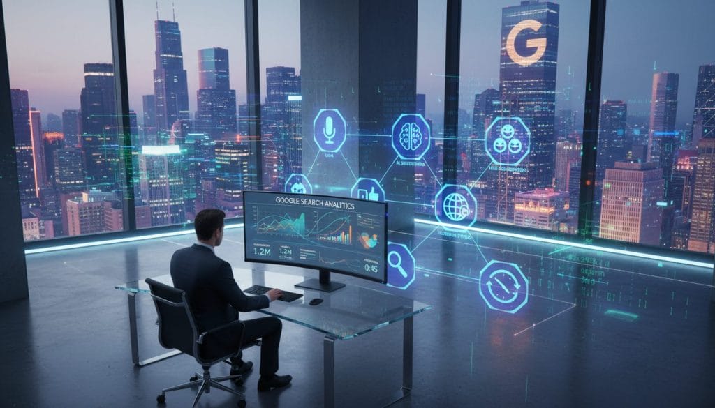 A futuristic digital landscape showcasing the inner workings of Google Search, with a vibrant, abstract representation of algorithms and data flow. In the foreground, a sleek computer screen displays analytical graphs and search data in a modern office setting, featuring a business professional in smart attire analyzing the screen. The middle ground reveals a semi-transparent overlay of interconnected icons symbolizing search engine features, such as voice search, AI suggestions, and user engagement statistics. The background is filled with a city skyline subtly illuminated by neon lights, conveying a sense of innovation and technology. The lighting is bright yet soft, creating a clean, efficient atmosphere. The perspective is slightly angled from above, providing a dynamic view, emphasizing the depth of information within Google Search.