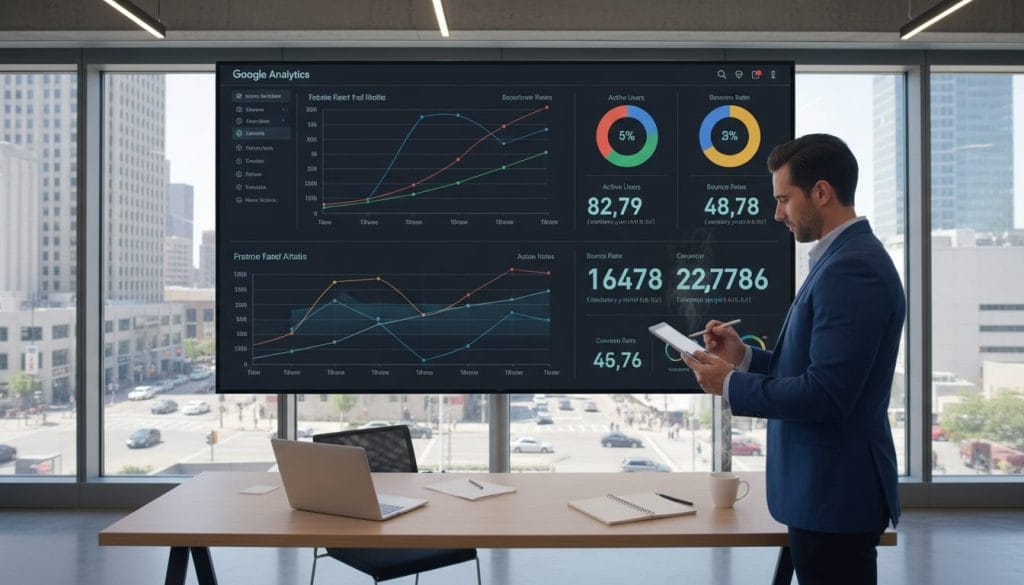 A high-tech office setting showcasing a large screen displaying Google Analytics dashboard metrics, including colorful graphs, pie charts, and user engagement statistics. In the foreground, a professional-looking individual in business attire is analyzing the data, taking notes on a tablet. The middle ground features a sleek desk adorned with a laptop, a notepad, and a coffee cup. In the background, large windows reveal a bustling cityscape under bright daylight, suggesting a modern and dynamic business atmosphere. The room is well-lit with natural light pouring in, creating an inviting and productive mood. The image is captured from a slightly elevated angle to emphasize both the user interaction and the analytics display, ensuring clarity and focus on the data visualization.