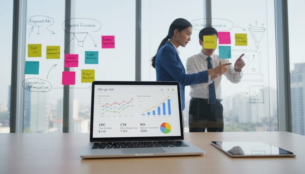A highly detailed and visually engaging image depicting the key metrics of Google Ads, suited for the theme of digital marketing strategies. In the foreground, display an organized workspace featuring a sleek laptop showing Google Ads metrics dashboard, with graphs and charts illustrating CPC, CTR, and ROI. In the middle ground, include two professionals in business attire analyzing the data, surrounded by colorful charts and sticky notes summarizing key insights. In the background, a modern office environment with large windows letting in natural light, creating a bright and inspiring atmosphere. The scene should convey a sense of focus and professionalism, with a clean aesthetic and a well-composed layout that highlights the importance of these metrics before investing in ads.