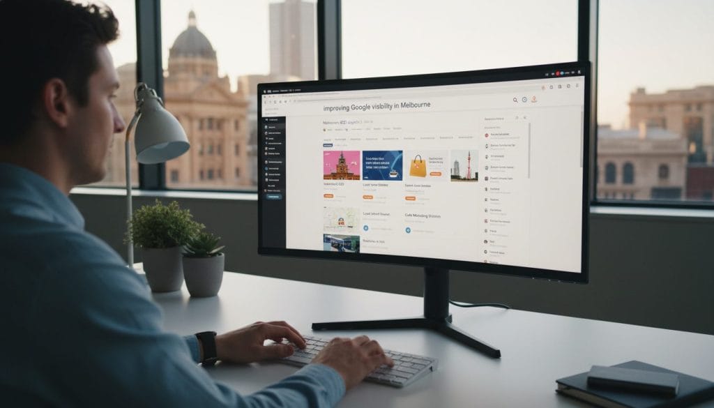 A modern computer screen displaying a search engine results page for "improving Google visibility in Melbourne." The foreground features a user’s hands typing on a sleek keyboard, with a soft glow from the screen illuminating their face. In the middle, the search results showcase various business listings, complete with vibrant thumbnails of Melbourne landmarks and icons symbolizing local businesses, like cafes and boutique shops. The background is a contemporary office environment with subtle hints of Melbourne's architecture visible through a window, bathed in warm, natural light. The atmosphere is focused and professional, conveying the essence of productivity and the importance of online presence for local businesses. The angle is a slight overhead shot to emphasize the search results on the screen.