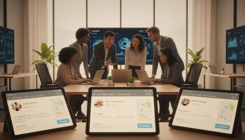 A modern digital workspace featuring a diverse group of professionals analyzing search results on their laptops and tablets. In the foreground, close-up shots of screens display local business search results, showcasing review ratings, maps, and AI-generated suggestions, all glowing softly to emphasize their importance. The middle ground presents focused individuals of different ethnicities in business attire, deeply engaged in discussion, with expressions of curiosity and collaboration. The background shows a sleek, high-tech office environment with large windows letting in natural light, adding a warm ambiance. The overall mood should feel dynamic and innovative, reflecting the shift in local search influenced by AI technology. The scene should be captured with a warm color palette and soft focus to create a welcoming atmosphere.