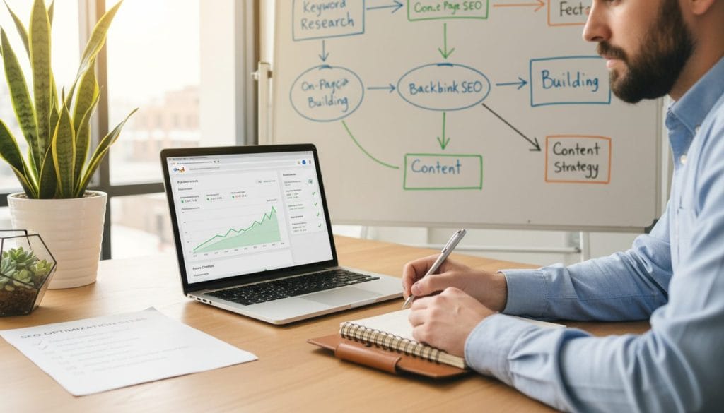 A modern digital workspace featuring a sleek laptop displaying the Google Search Console interface on its screen, highlighting SEO metrics and site performance. In the foreground, a professional in a smart-casual outfit, focused on the screen, taking notes on a notepad. The middle ground includes an organized desk with plants and an SEO checklist, while a wall-mounted whiteboard in the background features colorful infographics about website optimization. Soft, natural light illuminates the scene, creating a bright and inviting atmosphere. The angle captures the person from a slight side view, emphasizing their concentration and the importance of understanding SEO tools for small business growth.