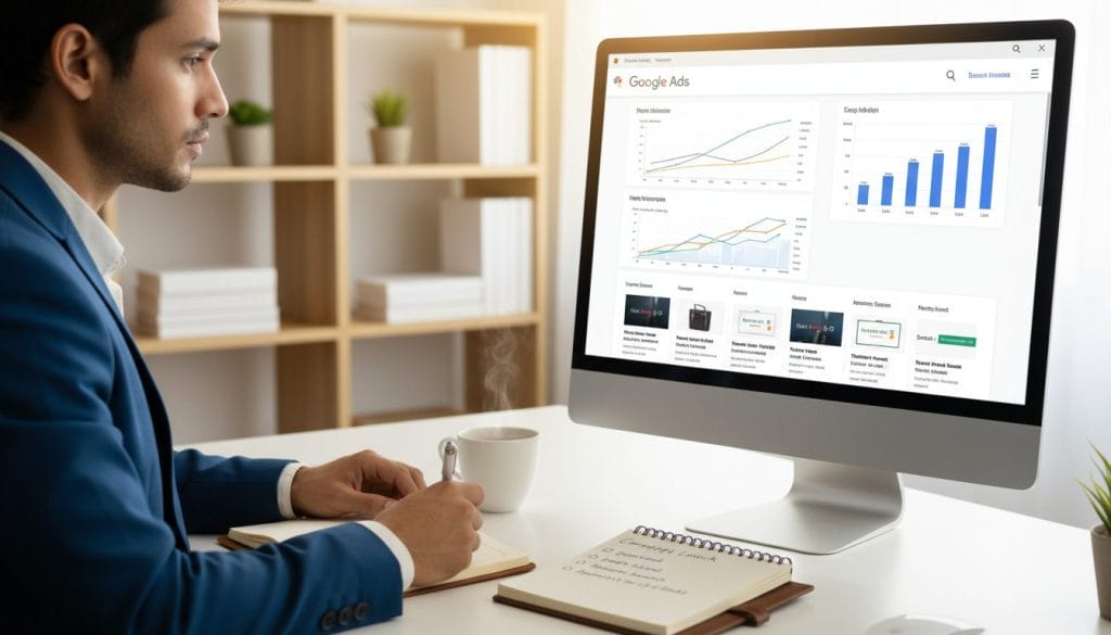A modern digital workspace showcasing a Google Ads account dashboard on a sleek computer screen. In the foreground, the illuminated screen displays vibrant graphs and performance metrics, with colorful ads showcased in a grid layout. To the left, a professional in business attire, focused and taking notes, is positioned beside the desk, adding a human element to the scene. In the middle ground, a notepad filled with checklists and a coffee cup indicate a ready-to-launch campaign atmosphere. The background features soft-focus elements of a contemporary office environment, including shelves with marketing books and potted plants. The lighting is bright and inviting, emphasizing a professional yet relaxed mood, captured with a slight angle that draws the viewer into the workspace.