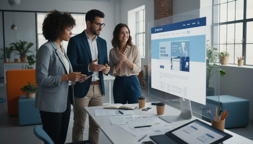 A modern office environment showcasing a sleek, user-friendly website interface displayed on a large, clear screen. In the foreground, a diverse group of three professionals in smart casual attire, examining the screen, focused on the visuals of the site. The middle ground features a stylish desk cluttered with design tools, such as sketch pads and digital tablets, emphasizing creativity and clarity. The background displays a well-lit, open workspace with large windows allowing bright natural light to pour in, creating an inviting atmosphere. Soft shadows highlight the sleek furniture and vibrant decorative elements. The overall mood is one of innovation, professionalism, and accessibility, reflecting the importance of an impactful first impression in the digital landscape. A modern office environment showcasing a sleek, user-friendly website interface displayed on a large, clear screen. In the foreground, a diverse group of three professionals in smart casual attire, examining the screen, focused on the visuals of the site. The middle ground features a stylish desk cluttered with design tools, such as sketch pads and digital tablets, emphasizing creativity and clarity. The background displays a well-lit, open workspace with large windows allowing bright natural light to pour in, creating an inviting atmosphere. Soft shadows highlight the sleek furniture and vibrant decorative elements. The overall mood is one of innovation, professionalism, and accessibility, reflecting the importance of an impactful first impression in the digital landscape.
