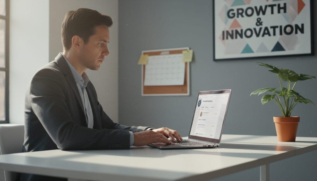 A modern office environment with a focus on a laptop screen displaying a Google Business Profile interface. In the foreground, a professional businessperson, dressed in smart business attire, is sitting at a sleek desk, attentively reviewing the profile. The middle consists of a brightly lit workspace with a vibrant potted plant and a calendar in the background, suggesting organization and productivity. The background features a soft-focus view of an inspiring wall with motivational art and a large window letting in natural daylight, creating a fresh and optimistic atmosphere. The overall mood should convey professionalism and proactive engagement, with subtle, warm lighting emphasizing the sense of urgency and improvement.