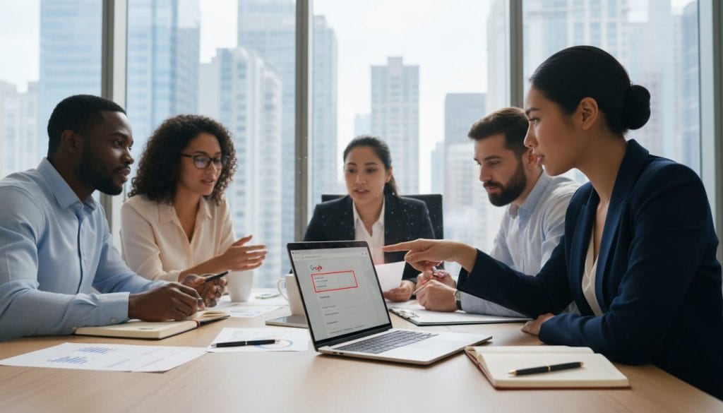 A modern office setting featuring a diverse group of professionals engaged in a collaborative discussion around a large table, reflecting the importance of securing business access. In the foreground, a confident businesswoman in a tailored suit points at a laptop screen displaying a Google Business Profile interface, highlighting vital sections. In the middle, a diverse team, including a man and a woman of different ethnicities, reviews printed documents and discusses strategies, showcasing an optimistic and focused atmosphere. The background consists of a bright, well-lit office with large windows, urban skyline visible, suggesting a contemporary work environment. Soft natural lighting enhances the professional mood, while the angle captures the energy and collaboration emanating from the scene.