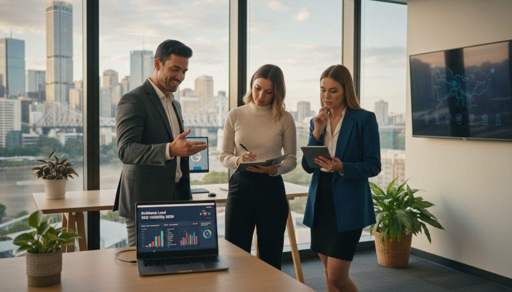 A modern office setting in Brisbane, showcasing a diverse group of three professional business owners analyzing digital trends on laptops. In the foreground, a man in a tailored suit gestures enthusiastically, pointing at a screen displaying graphs and analytics related to local visibility in SEO. In the middle ground, a woman in smart casual attire takes notes, while another female colleague in a blazer thoughtfully reviews data. The background features large windows showing a panoramic view of Brisbane's skyline, bathed in warm, natural light to create an optimistic atmosphere. The image should be captured from an eye-level angle, allowing viewers to feel engaged in this collaborative environment, emphasizing the importance of local SEO visibility in the year 2026.