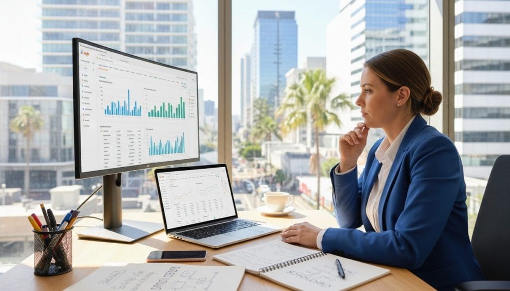 A modern office setting with a physiotherapist engaged in a digital advertising strategy session. In the foreground, a focused physiotherapist in professional attire analyzes Google Ads data on a large screen, showcasing charts and analytics. The middle ground features a cluttered desk with a laptop, notepads, and a coffee cup, embodying a productive work environment. In the background, a window reveals a sunny Australian cityscape, emphasizing growth and opportunity in the physiotherapy market. The lighting is bright and natural, creating an inviting atmosphere. Capture the scene from a slightly elevated angle, providing a comprehensive view of the workspace and highlighting the relevance of Google Ads in a bustling physiotherapy practice.