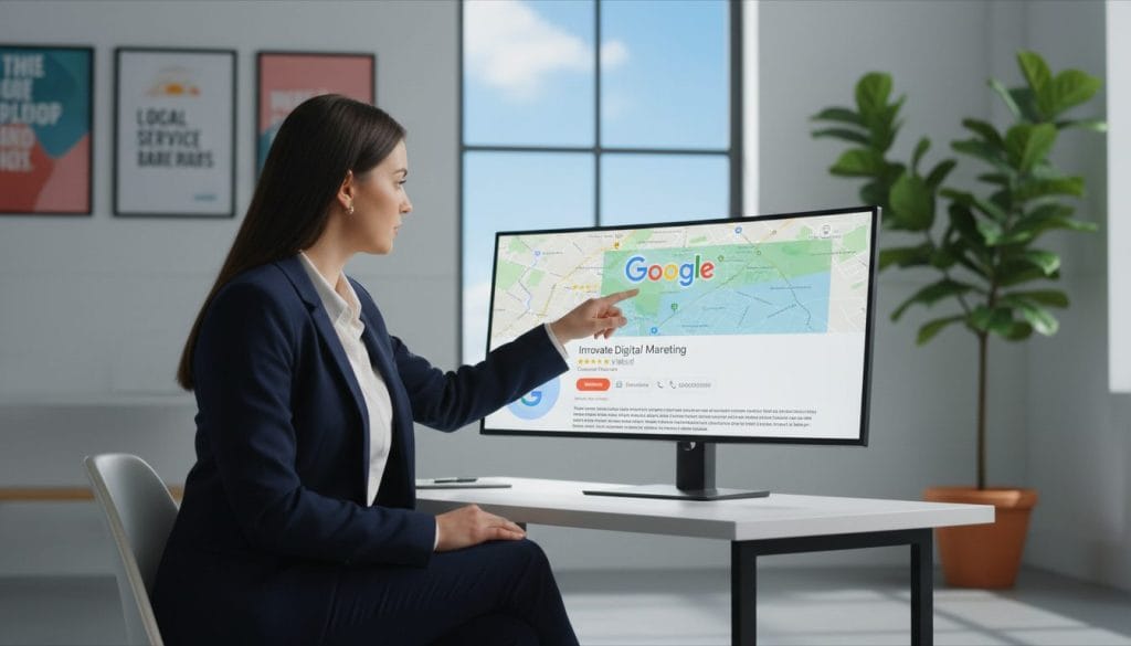 A modern office setup showcasing a Google Business Profile on a computer screen. In the foreground, a professional woman in business attire is focused on the screen, pointing to a colorful Google Map with highlighted local service areas. The middle layer features the vibrant Google logo and a mock-up of a business profile page displaying customer reviews and contact information. In the background, a bright, well-lit office space with motivational posters, a plant, and a window showing a clear blue sky creates an engaging atmosphere. The image should use natural lighting to enhance a sense of professionalism and productivity, with a slight depth of field effect, emphasizing the woman and the computer display.