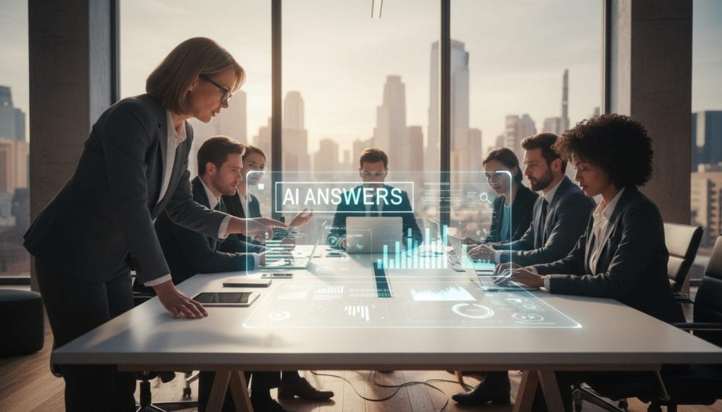 A modern office space depicting a virtual collaboration, showcasing diverse professionals in business attire gathered around a sleek, high-tech conference table. In the foreground, a focused individual, a middle-aged woman with glasses, points at a transparent digital display showcasing search engine results and analytics related to AI answers. The middle ground features a mixed-gender team, engaged in discussion with laptops and tablets, while a large window in the background reveals a vibrant cityscape, bathing the scene in warm afternoon light. The atmosphere is energetic and innovative, conveying the urgency of adapting to the AI-driven business landscape with a sense of optimism and professionalism. The angle is slightly elevated, emphasizing the collaborative spirit and modern technology at play.