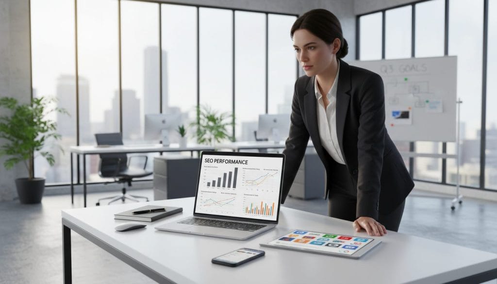 A modern office space featuring a sleek desk with an open laptop displaying graphs and analytics related to SEO performance. In the foreground, a professional woman in smart business attire is engaging with the data, her focused expression highlighting a sense of purpose. The middle layer showcases various digital marketing tools and a smartphone displaying a search engine interface. In the background, large windows let in soft, natural light, illuminating the space and creating an inspiring atmosphere. The scene conveys an air of productivity and determination, reflecting the essence of researching and implementing effective SEO strategies. The overall mood is energetic and professional, emphasizing the importance of methodical analysis in achieving SEO success.