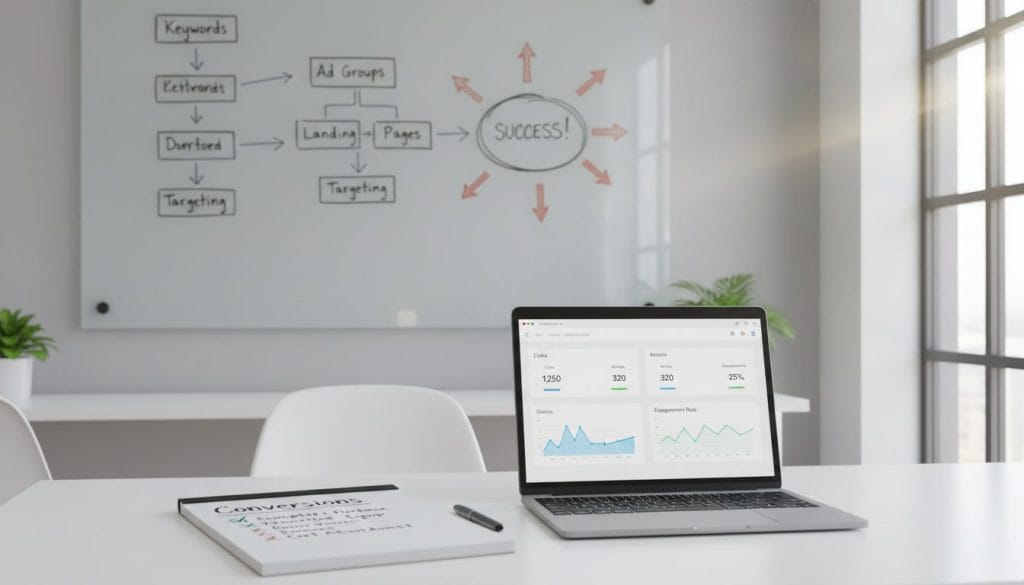 A modern office workspace with a clean, professional look. In the foreground, a sleek laptop displaying a dashboard with conversion tracking metrics, such as clicks, actions, and engagement rates. To the left, a notepad with a checklist titled “Conversions” featuring both positive and negative examples, like "Completed Purchase" and "Newsletter Signup" contrasted with "Page View." In the background, a large whiteboard filled with charts and diagrams demonstrating successful Google Ads strategies. Soft, natural lighting floods the scene through a nearby window, creating a warm atmosphere. The camera angle is slightly elevated, capturing the entire setup, emphasizing professionalism and organization, inviting focus on the conversion tracking concept without distractions.